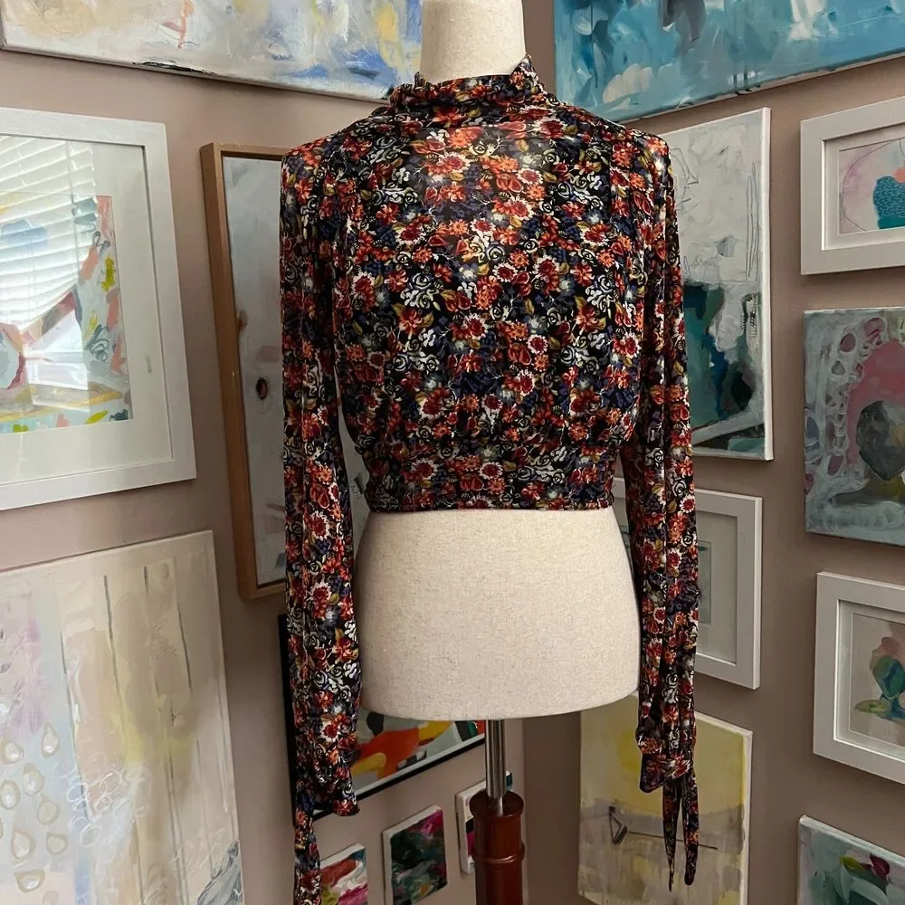Free People All Dolled Up Top Floral Mesh Boho Fairy Tie‎ Sleeve Cropped y2k XS